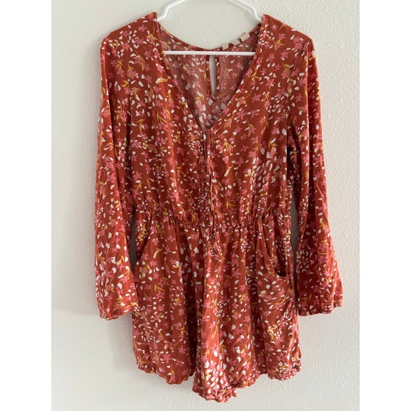 Roxy Romper Womens Size Large Rust Floral Boho Festival Ruffle Beachy Coastal - Picture 1 of 6